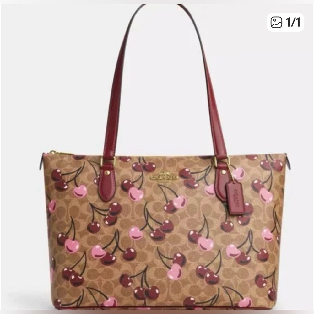 Coach Brown Cherry Print Tote with Pink & Burgundy Accents